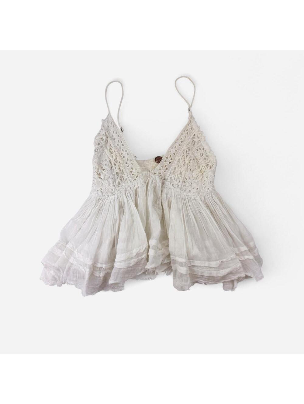 Free People White Crochet Lace Crinkle Gauze Cami Top